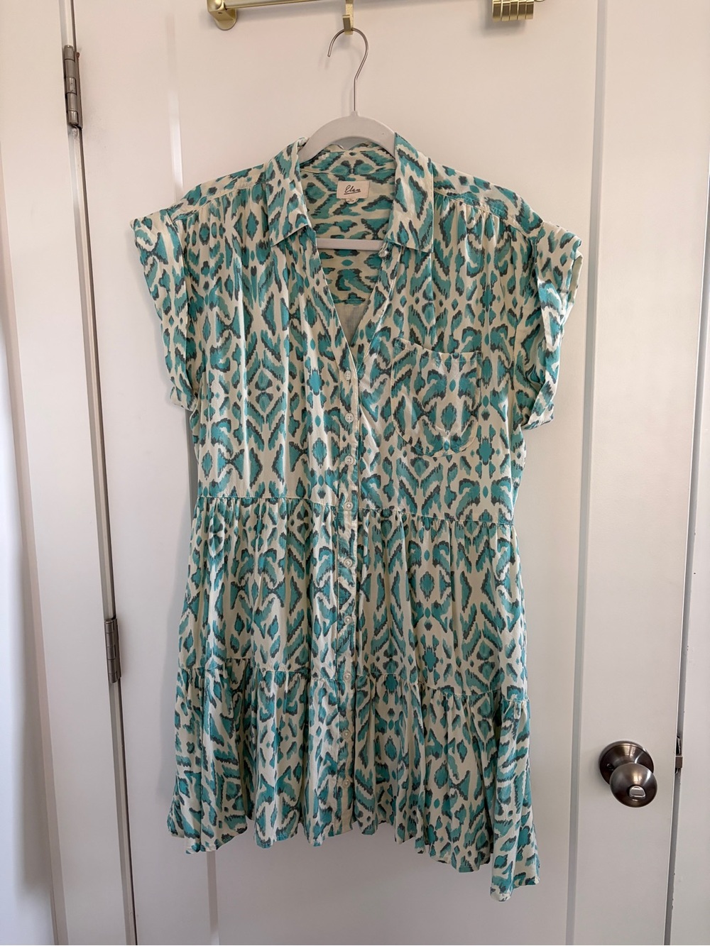 Elan Blue Ikat Print Tiered Shirt Dress Size Medium